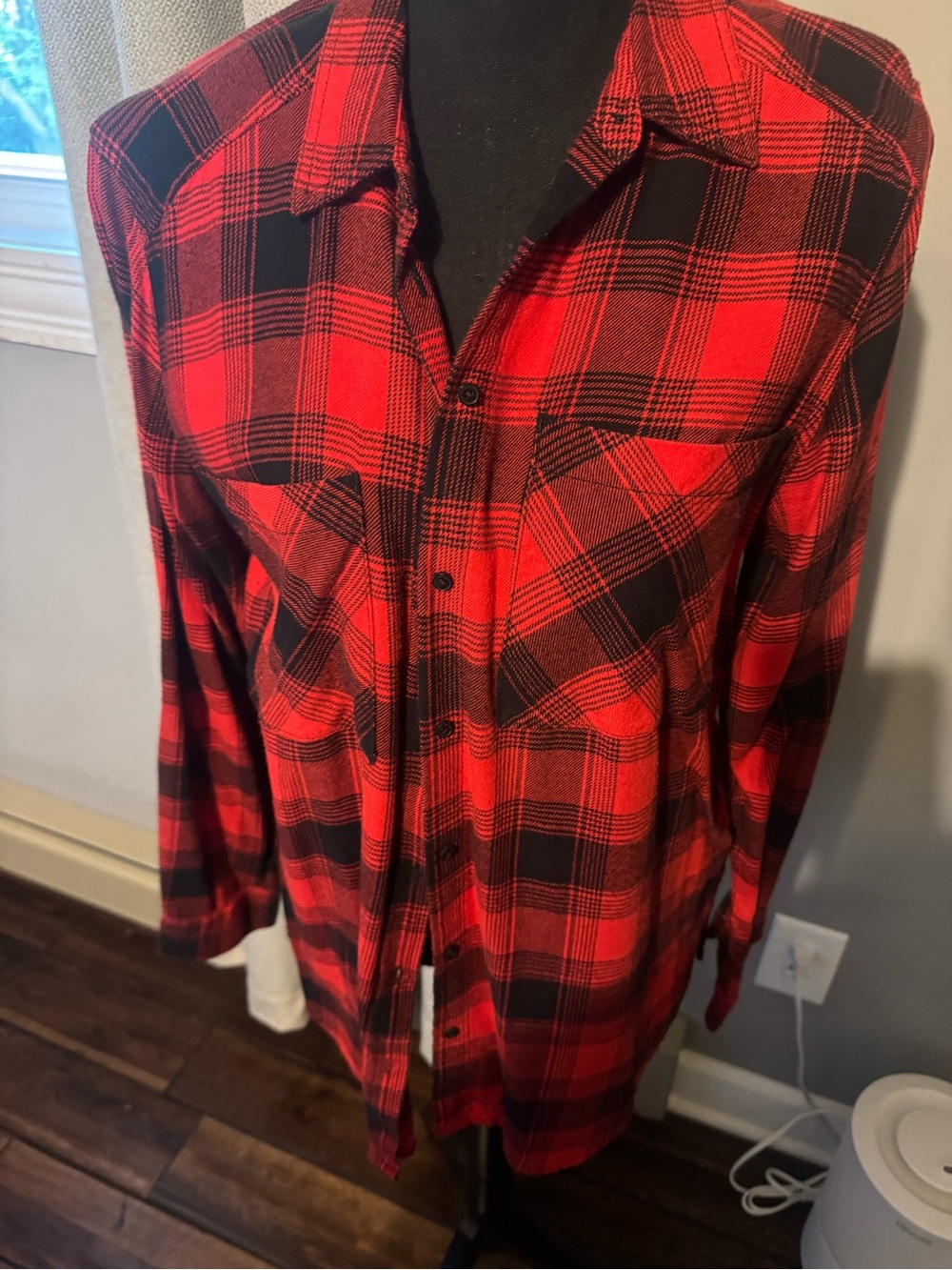 Express Red and Black Plaid Button-Down Shirt